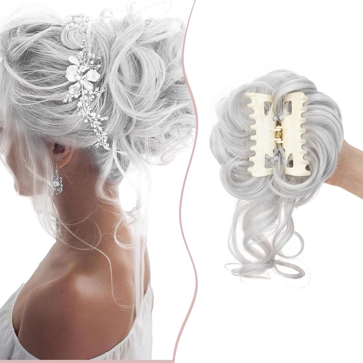 SnelShoppen - SEGO Haarstuk met Clip Bun Haarstukken Haarelastiek met Haarextensions Paardenstaart Vlecht Updo Kapsels Zilvergrijs