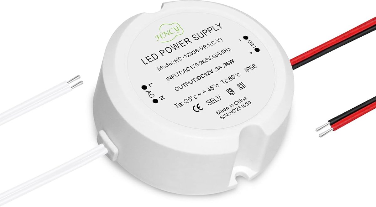 SnelShoppen - LED Transformator 220V naar 12V/24V, Mini Ring LED Voeding 12W-60W, Waterdicht IP66, Ronde Ontwerp, Geen Flicker, Geen Geluid, Geschikt