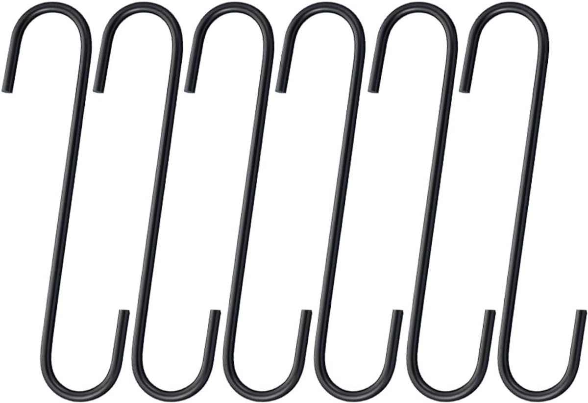 SnelShoppen - 8 Inch Dikkere S-Vormige Haak, 6 Stuks Haken voor Kleding en Spijkerbroeken, RVS Hanger voor Kledingkast, Keuken, Tuin, Werkplaats (Zwar