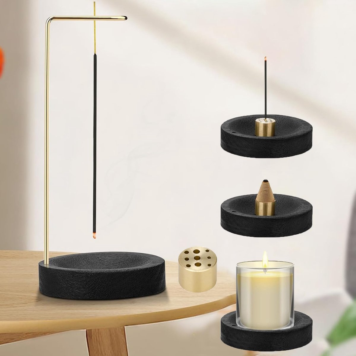Incensestokhouder 2-in-1 - Houten ronde basis - Voor yoga en meditatie - SnelShoppen