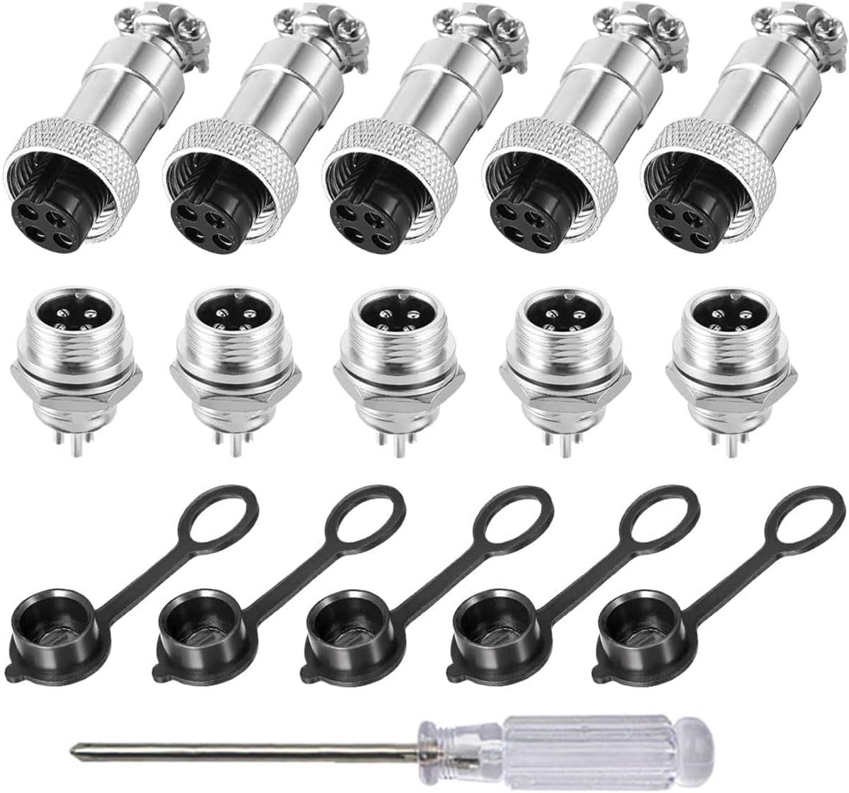 SnelShoppen - Pack van 5 4 Pin GX12 Aviation Plug Connectoren 12mm Draad Metaal met Rubber Hoed 5A Mannelijke en Vrouwelijke Stekker Kit voor Camping,