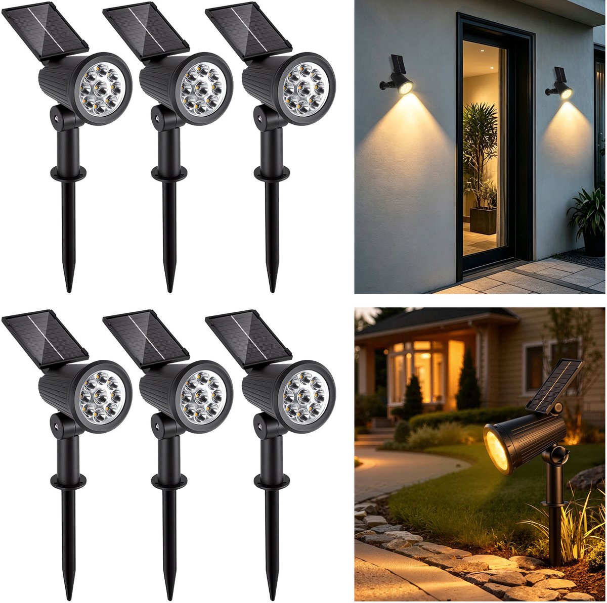 6 Stuks Solar Grondspots voor Buiten – Waterdicht IP65– 3W Warm Wit Licht – Verstelbare Tuinverlichting met Grondspies - Tuinverlichting Buitenverlichting Prikspots