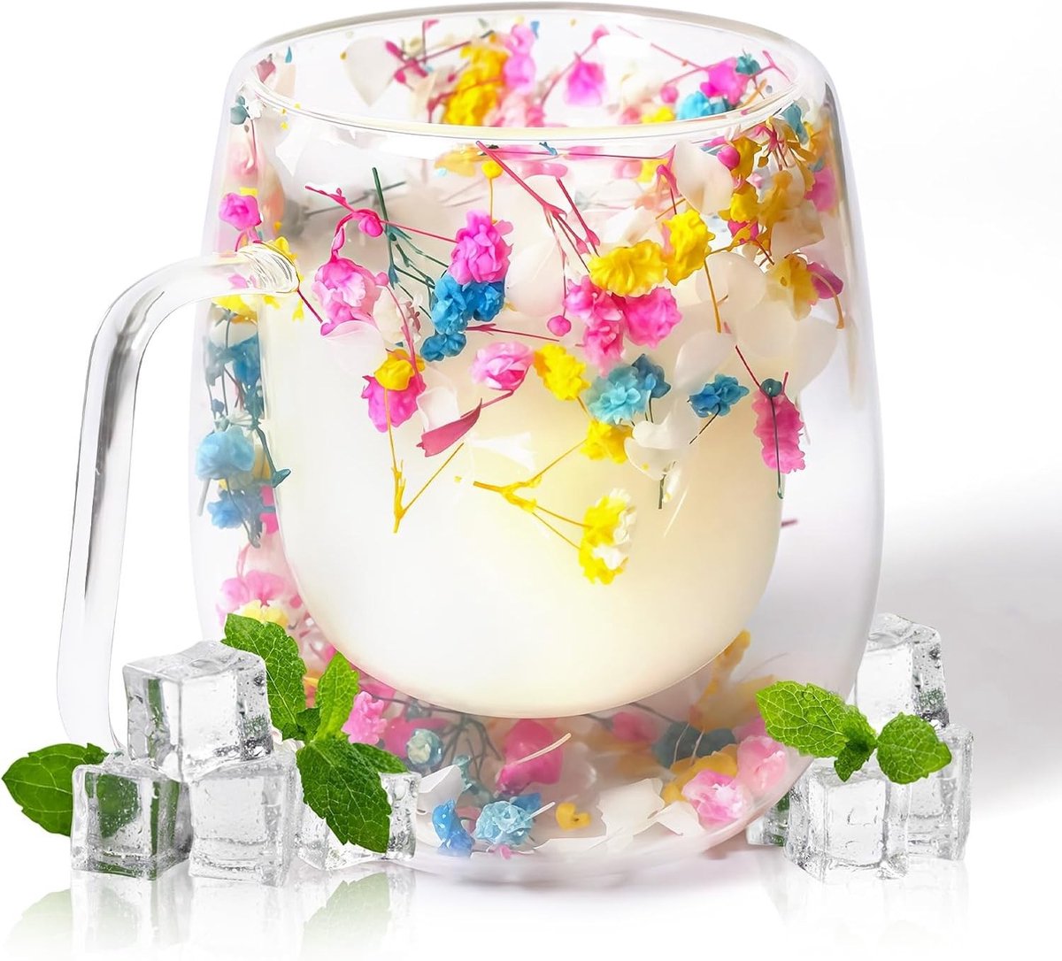 Dried Flower Mok van Dubbelwandig Glas 370ml, Schattige Isolerende Koffiemok met Handvat, Perfecte Verjaardagscadeaus voor Moeder en Vriendin