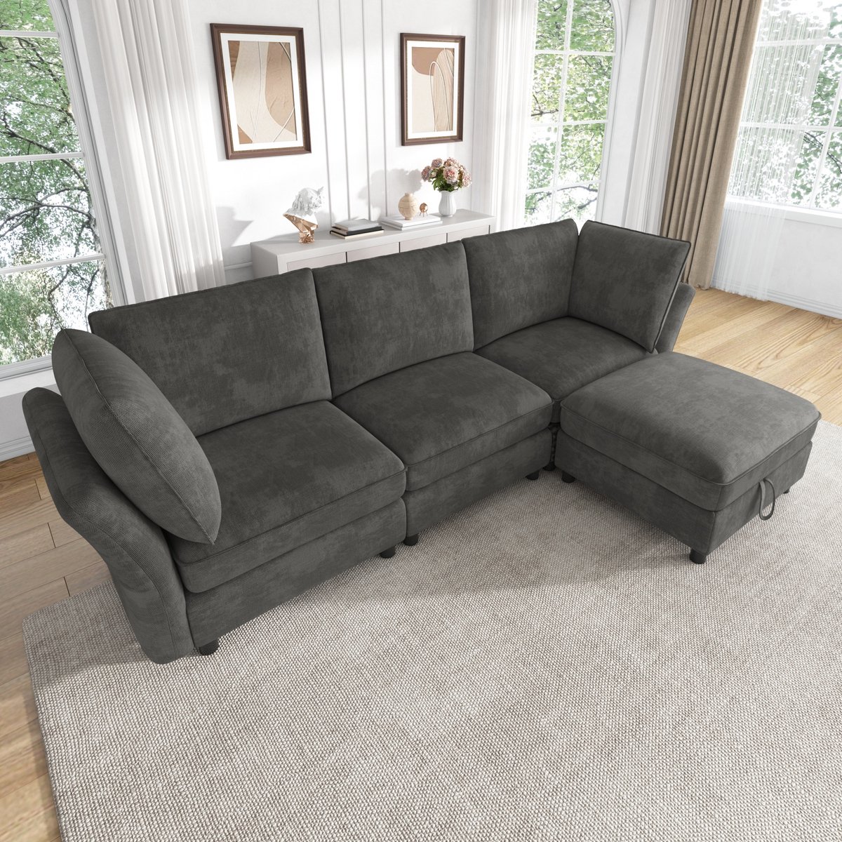 Sofa - Modulair L-vormig 4-zits met opbergpoef, cloud-soft zitcomfort, 2 armleuningskussens - 225x137x84 cm - Grijs