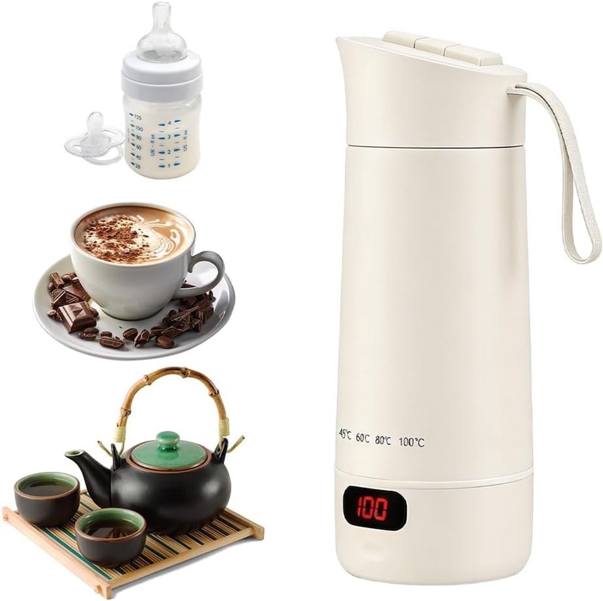 Reiswaterkoker - Parelmoer Wit - 400 ml - Draagbare Elektrische Waterbeker met 4 Temperatuurinstellingen - Voor Koffie, Thee en Melk