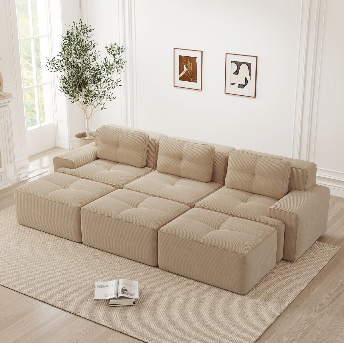 FloraGrace Hoekbank 3-Zits - Modulair Met Slaapfunctie En 3 Hockers - Zachte Corduroy, Brede Armleuningen En Laag Design - Voor Woonkamer - Beige