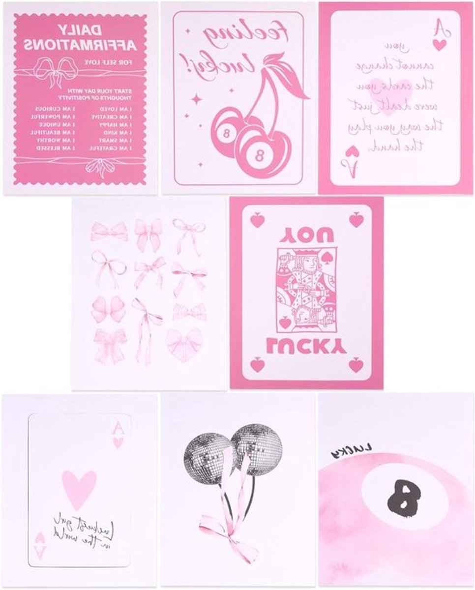 8 Stuks Roze Preppy Wanddecoraties, 20x25cm Frameloze Coquette Kamerdecoratie met Aesthetic Bogen, Discoballen en Kersen Posters voor Meisjeskamer en Studentenhuis