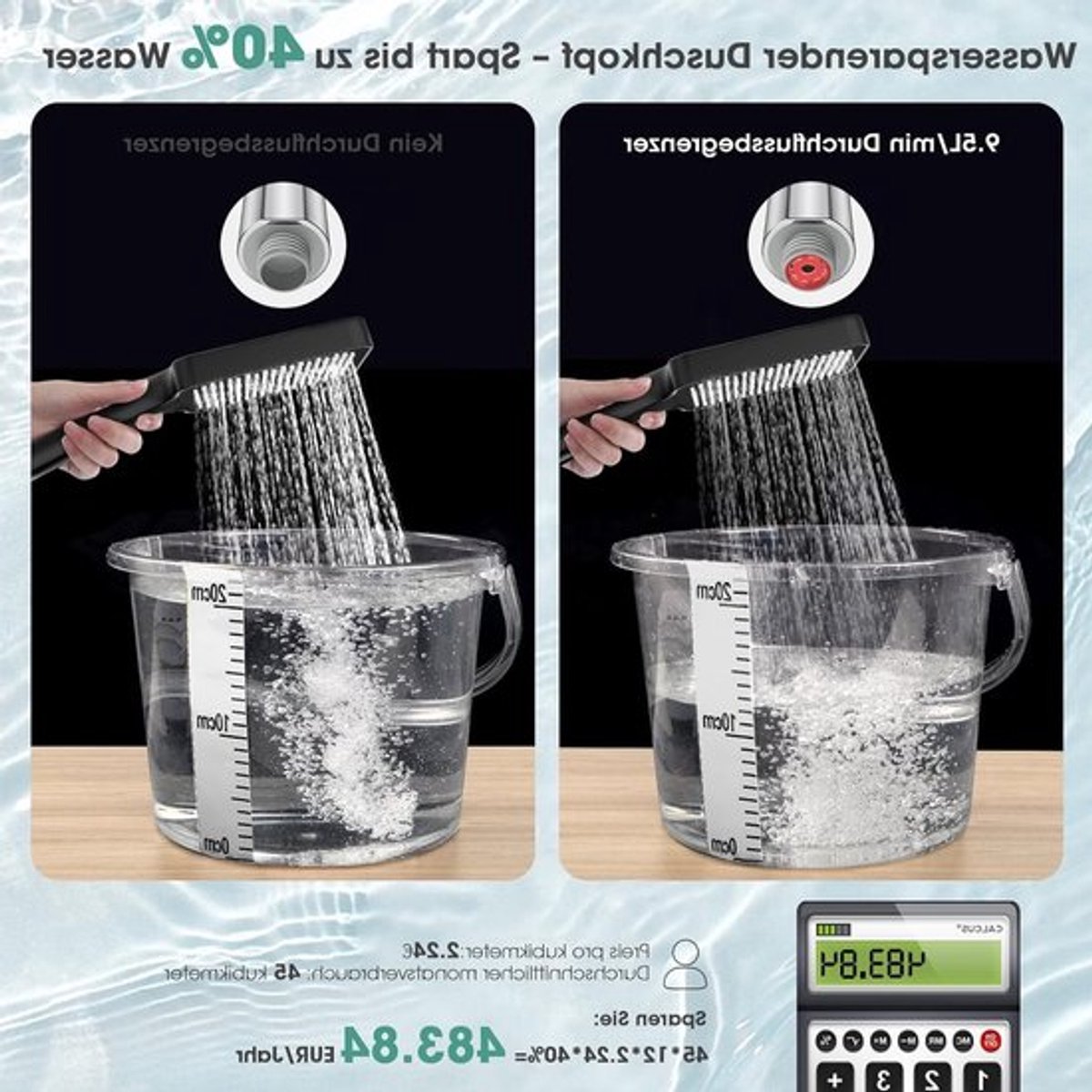 Hoogwaardige regendouchekop met 2 m slang, hoge druk en waterbesparende flowbegrenzer van 9.5 l/min