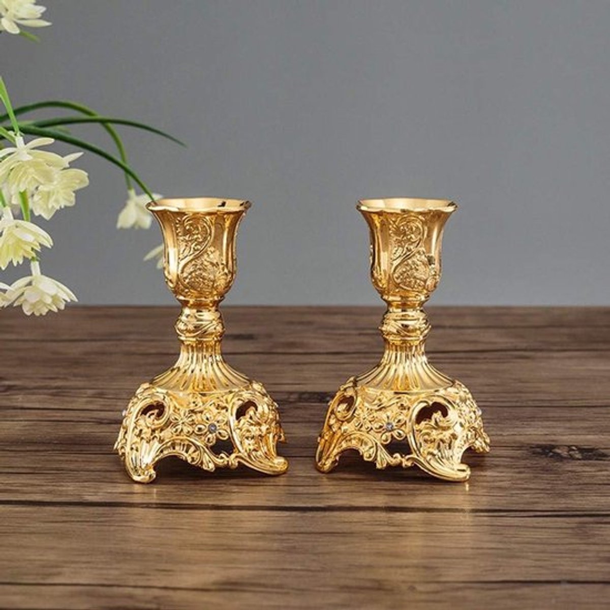 Set van 2 Gouden Kaarsenhouders voor Shabbat, Vintage Decoratieve Kaarsenstandaards voor Tafelversiering en Woonkamer