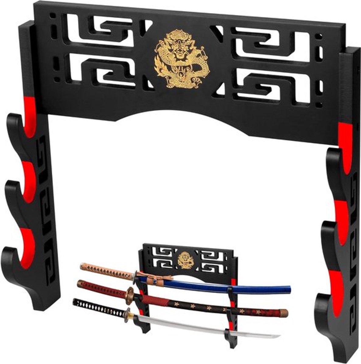 3-traps Zwaardhouder met Fluwelen Kussenhaak en Drakenpatroon voor Lichtzwaarden en Samurai Zwaarden, Perfecte Wandstandaard voor Verzamelobjecten