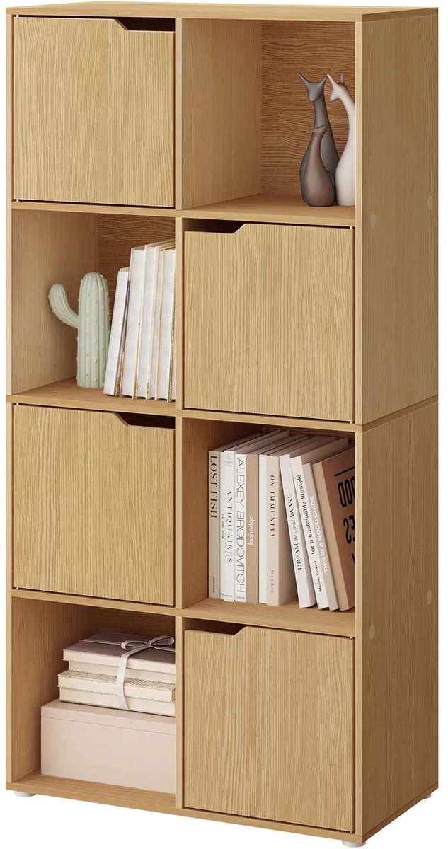 CORE Boekenkast - Vrijstaande Boekenkast met 4 Deuren en 8 Opbergvakken - Cube Opbergkast voor Boeken, Mappen en Decoratie - Multifunctionele Opbergkast - Moderne Boekenkast met Ruime Opbergruimte - 60x30x120.5cm - Houtkleurig