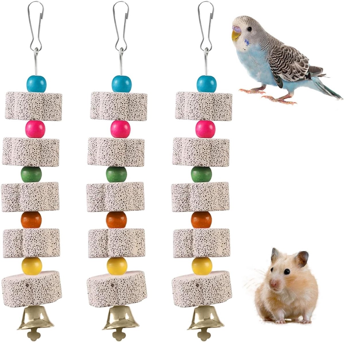 Vogel Speelgoed - Knaagspeelgoed Vogels - Tanden Onderhoud - Met Belletje - 3 Stuks - Grijs