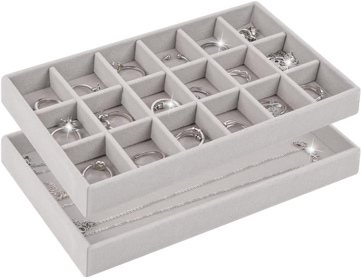 SnelShoppen - Stapelbare Sieraden Tray met 18 Vakken en Grote Bak, Perfect voor het Opslaan en Presenteren van Oorbellen, Kettingen en Ringen, Grijs,