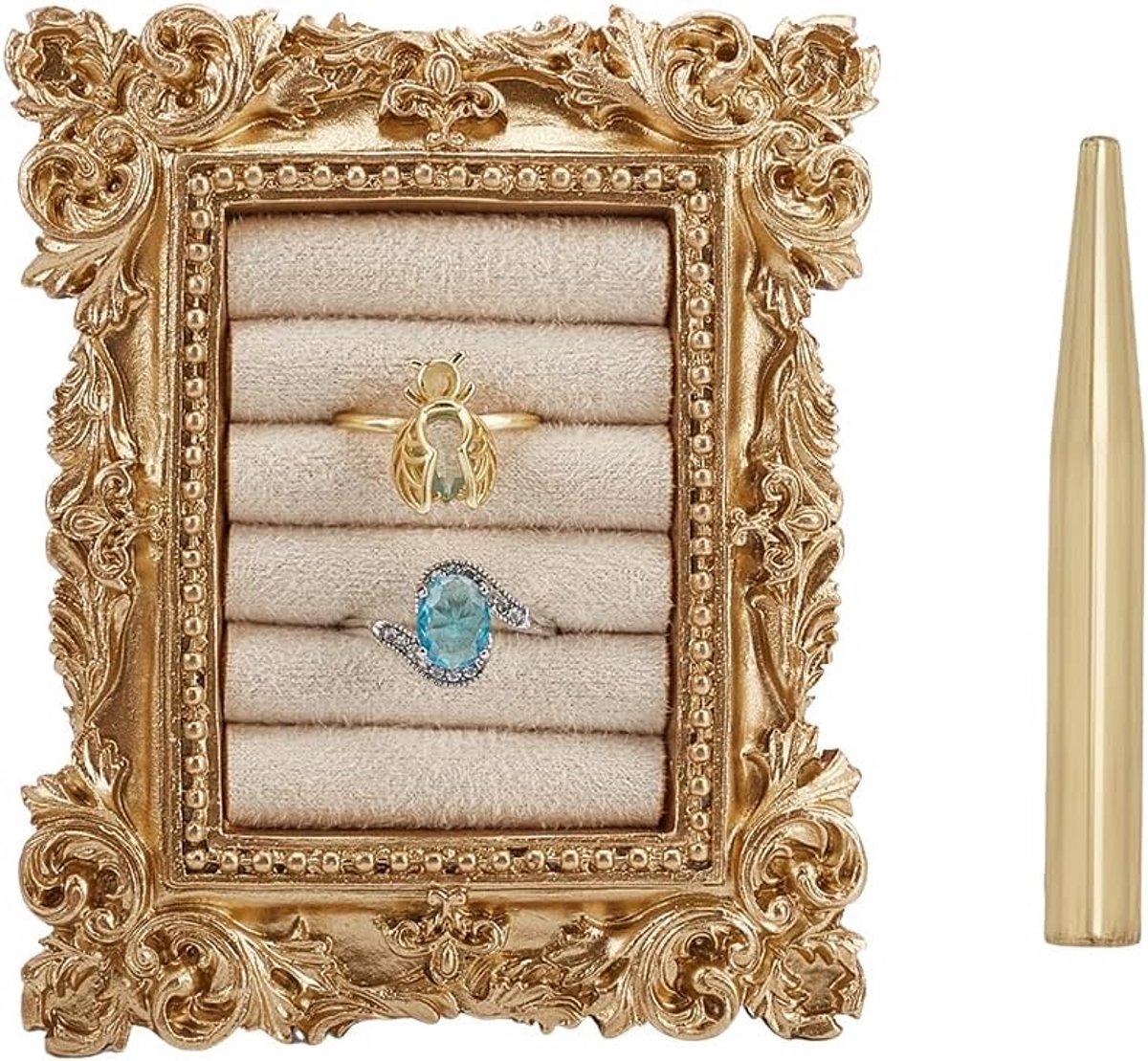 SnelShoppen - Antieke Gouden Witte Ringhouder Barok Ring Organizer Vintage Sieraden Presentatie met Fluwelen Voering voor Trouwen Fotografie Cadeaus