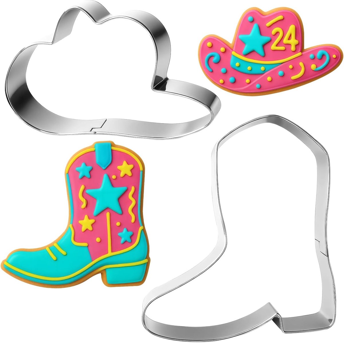 2-piece stainless steel cookie cutter set with cowboy motifs: cute cowboy hat cookie cutter, cowgirl boots, rustic - ShopVlot