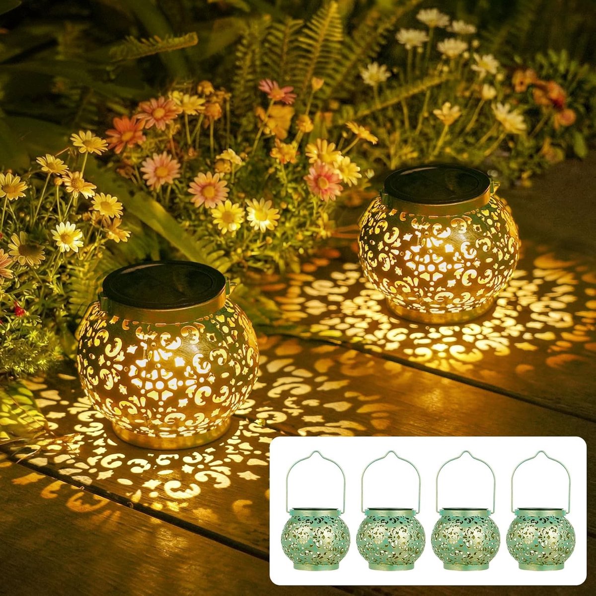 Zonne-lampen voor Buiten - Groen Goud - 13 x 13 x 10 cm - Oriëntaals Design met Warmwit Licht - Voor Tuin en Terras