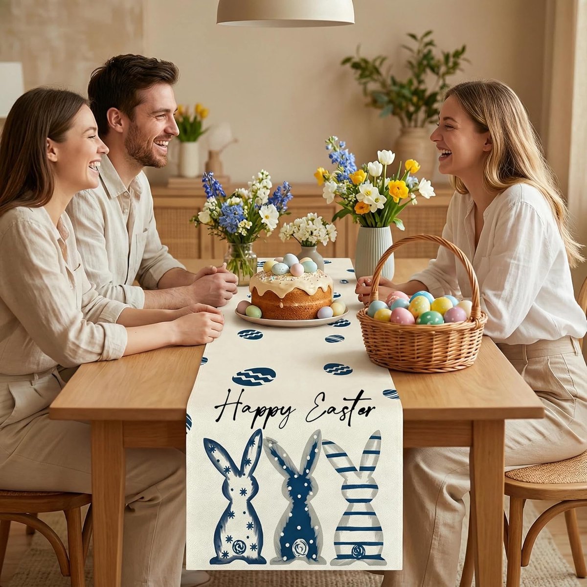 SnelShoppen - Tafelrunner Pasen Decoratie Linnen Lente Tafelkleed 33x183cm Blauw met 3 Konijnen Ontwerp voor Feestelijke Tafelversiering