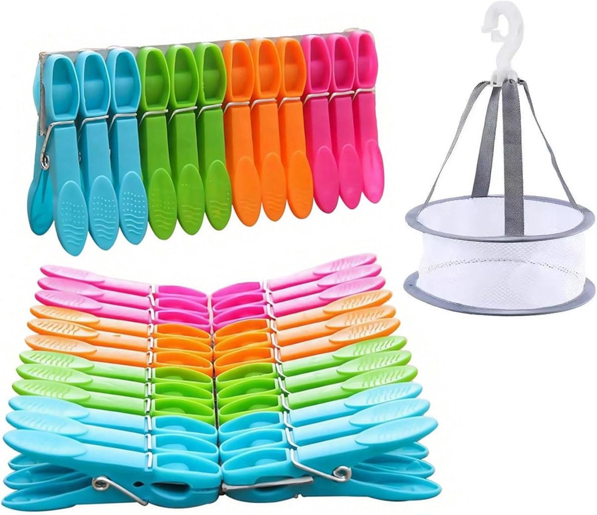 48pcs Clothes Pegs with Basket, Windproof Colorful Squeegee Bags for Plastic Without Print, Sock Clips for - ShopVlot