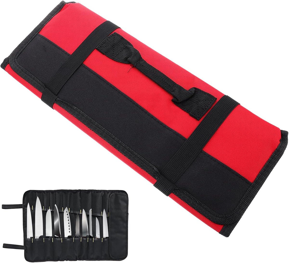SnelShoppen - Professionele Koksmes Roller Tas met 22 Vakjes, Snijmessen, Bestek, Draagbare Keuken Tas voor Thuis, BBQ, Kamperen, Rood