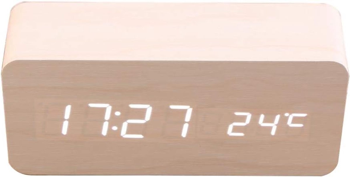 SnelShoppen - Houten LED Digitale Alarmklok Multifunctioneel USB Voeding Bureauklok met Temperatuurweergave voor Thuis en Kantoor