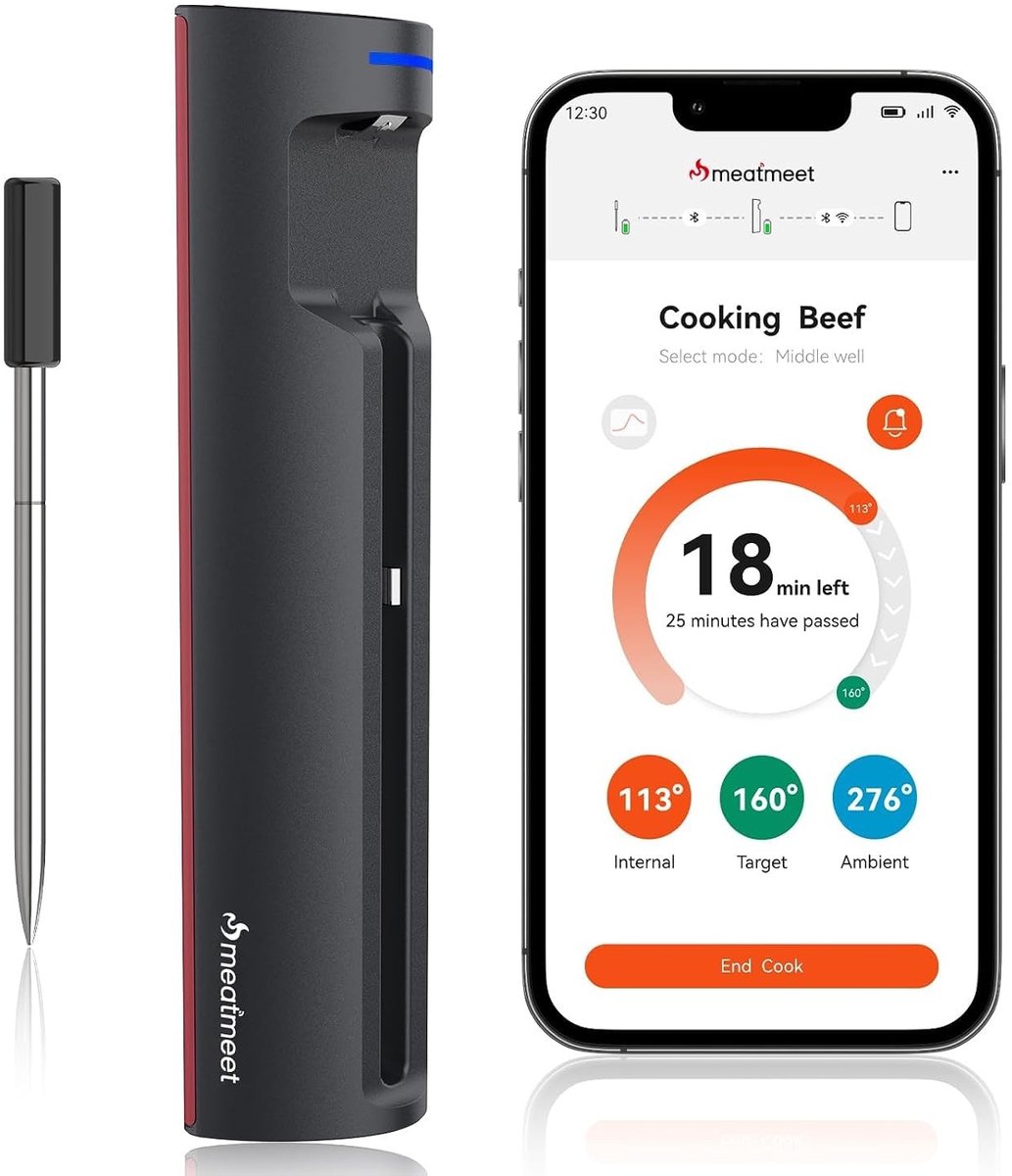 Vleesthermometer - Zwart - Draadloos met Bluetooth en Wi-Fi - Voor Keuken en Grill