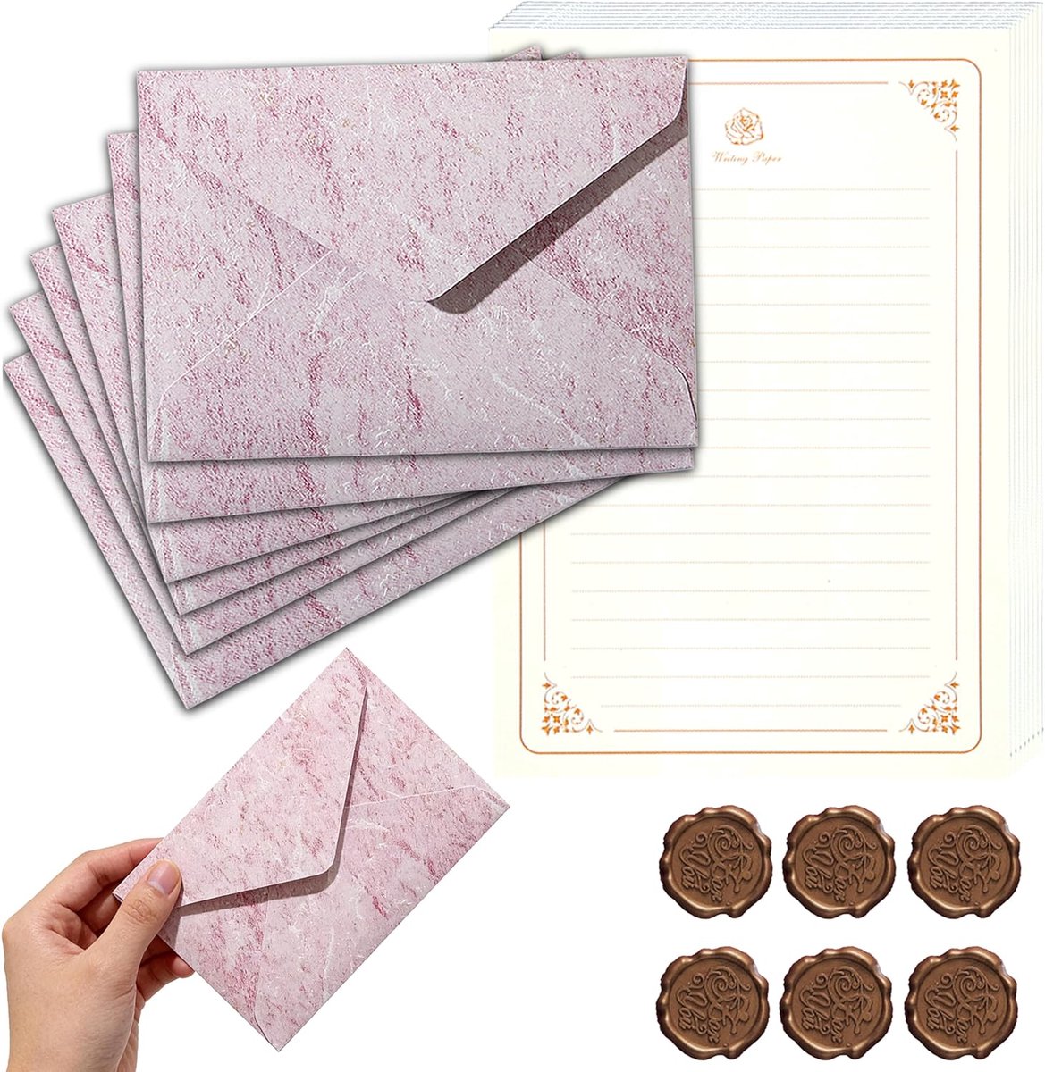 Vintage Envelope Stationery Set, 20 A5 Writing Paper with 6 Purple Envelopes, 6 Self-Adhesive Wax Seal Stickers, for - ShopVlot