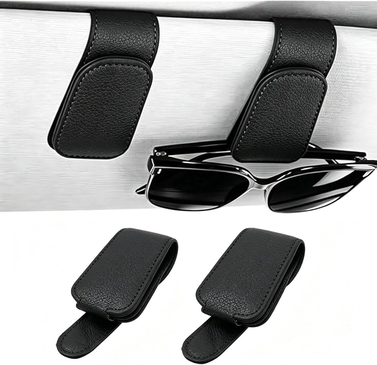 SnelShoppen - Universele Zonnebril Houder Auto - Duurzame Lederen Zonnebril Clip voor Auto - Praktische Cadeaus - Zwart (1, Zwart) (2, Zwart)
