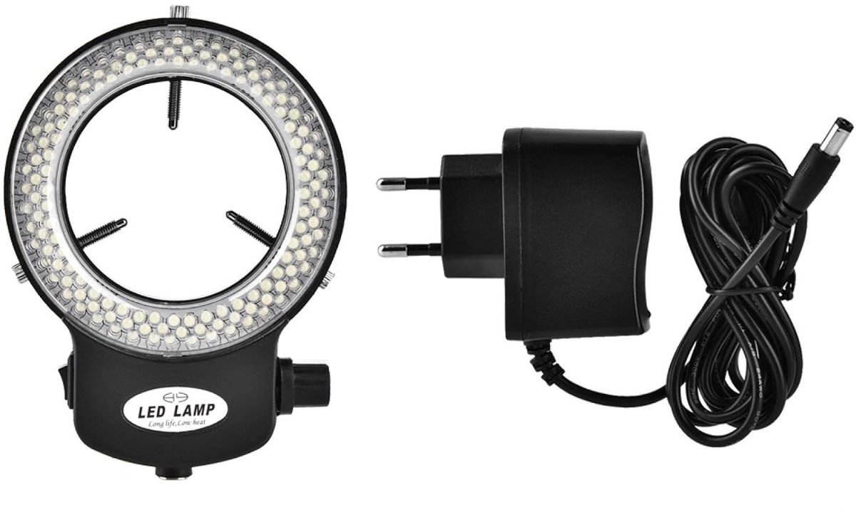 SnelShoppen - LED Microscoop met Camera, 144 LEDs, 4.5 W Ringlicht, Verstelbare Helderheid, 64 mm Microscoopaccessoires, Zwart voor Onderwijs en Hobby