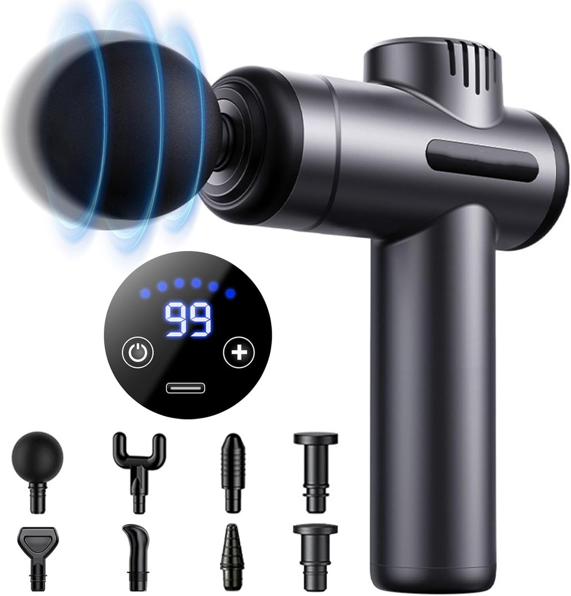 Mini Massage Gun - 99 Snelheden - 8 Massagekoppen - LCD Touchscreen - USB-C Oplaadbaar - Voor Schouders, Rug en Spieren