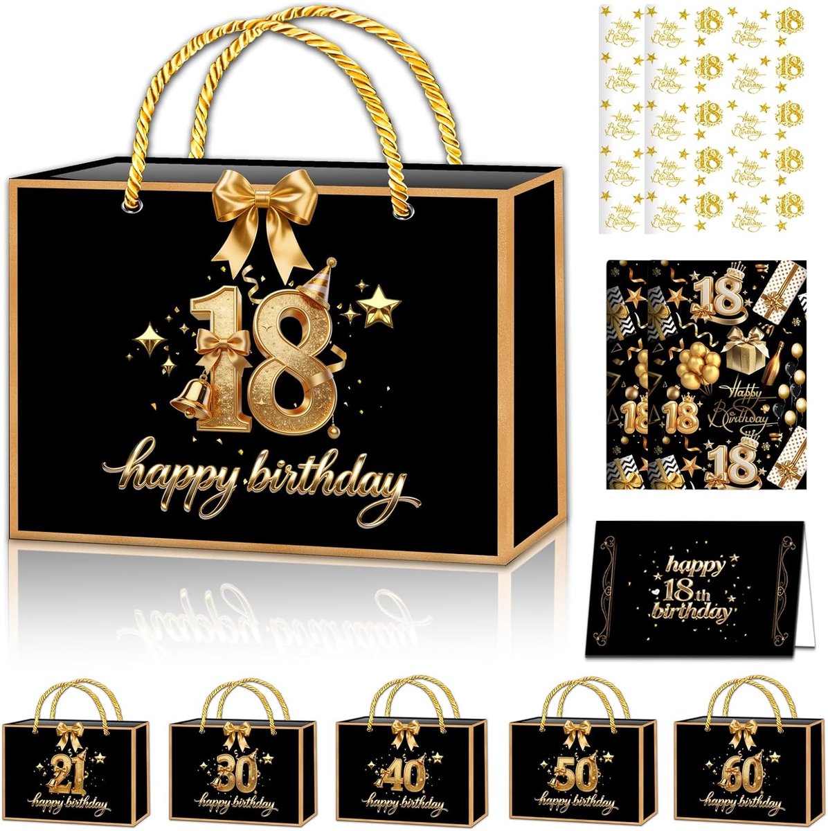 SnelShoppen - Zwart-goud verjaardagscadeaupapier & zakjesset, alles-in-één met geschenkzak, wenskaart, glanzend inpakpapier, zijdepapier, lint voor ma