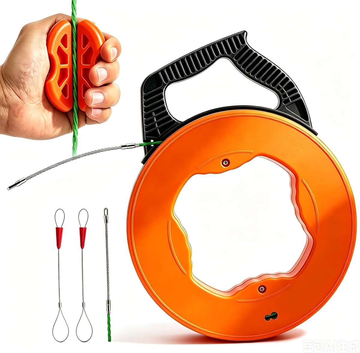 SnelShoppen - Kabel terugtrekhulp 50 meter, 0.5 cm, terugtrekkende spiraal met 360° rolkop, kunststof behuizing, handvat, terugtrekveer voor lege buis