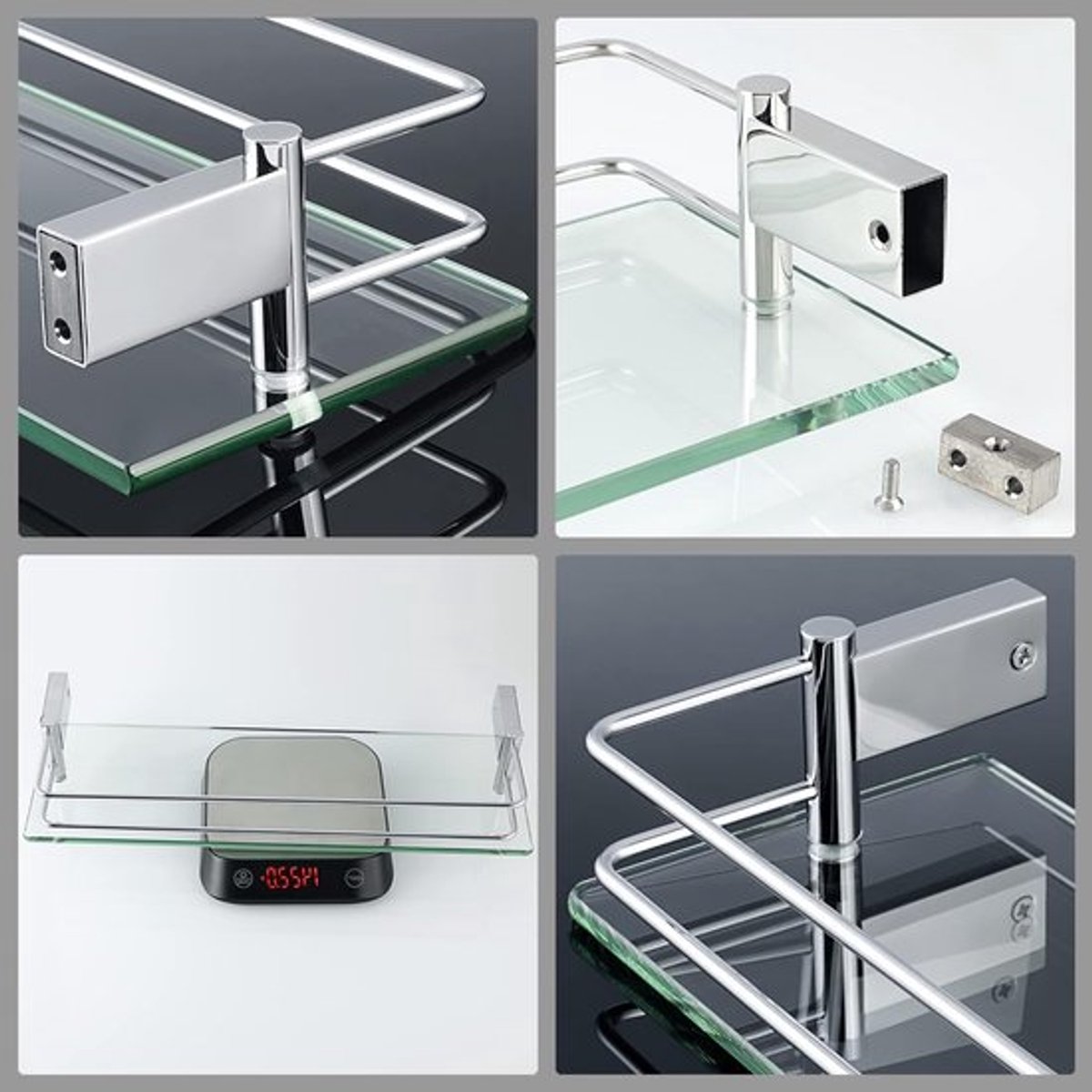 Wandgemonteerde getemperd glazen plank van 40 cm voor de badkamer - Drijvende plank met leuning, 8 mm dikte en gepolijste afwerking