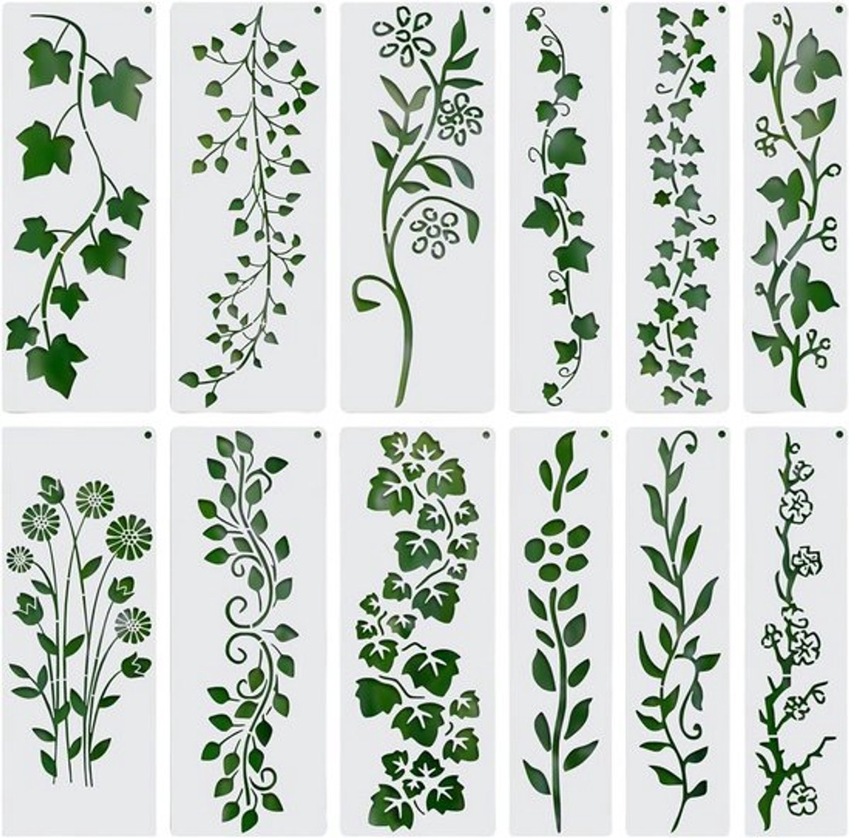 Herbruikbare sjablonen voor 12 stuks bladeren en lentebloemen, ideaal voor DIY knutselprojecten, schilderen op hout, muren en meubels