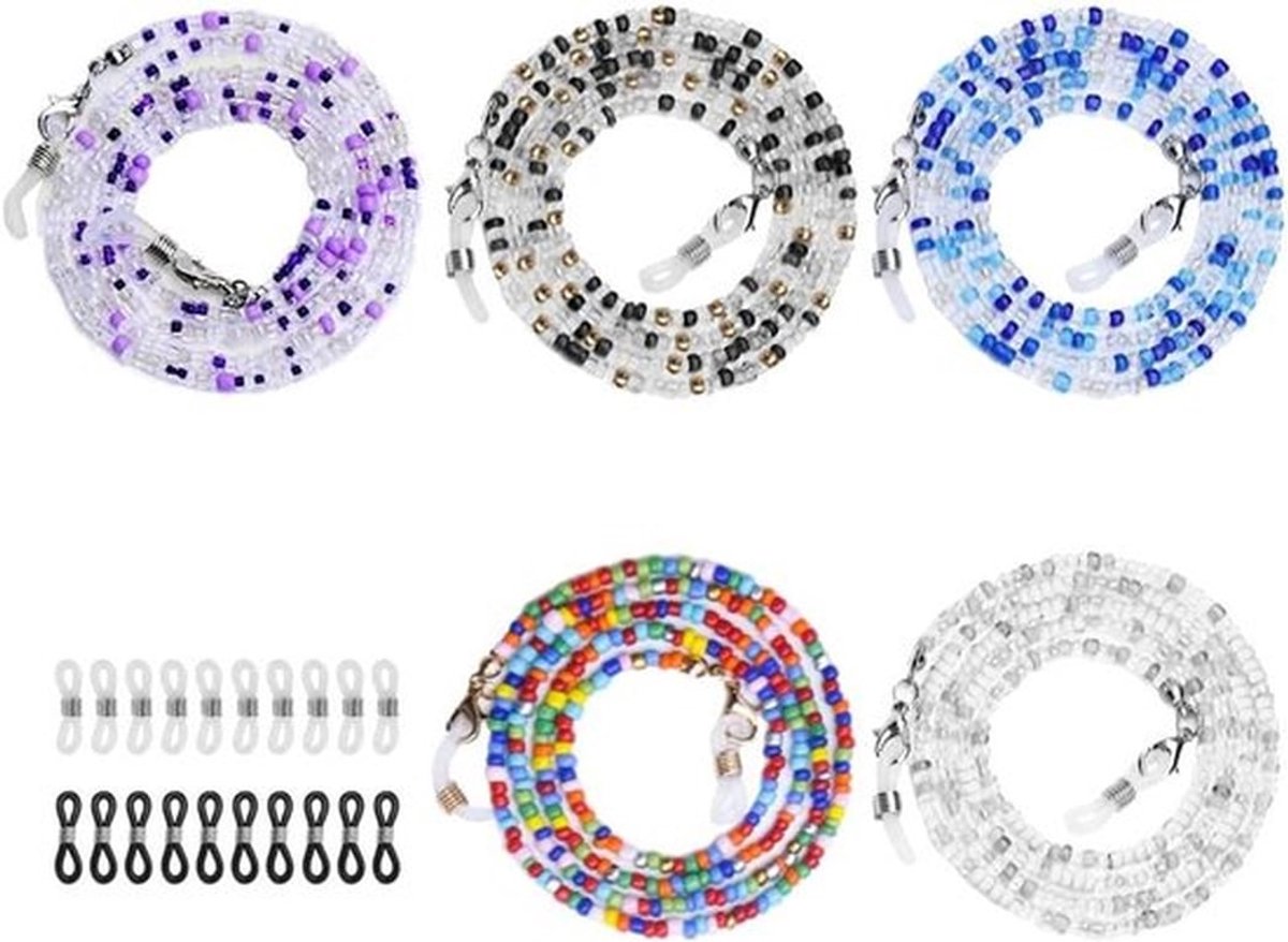 Stijlvolle brillenkettingen voor dames, 5-delige maskerhouder met 10 antislip siliconen sluitingen, trendy brillenretainer en zonnebrilketting voor vrouwen, meisjes en mannen