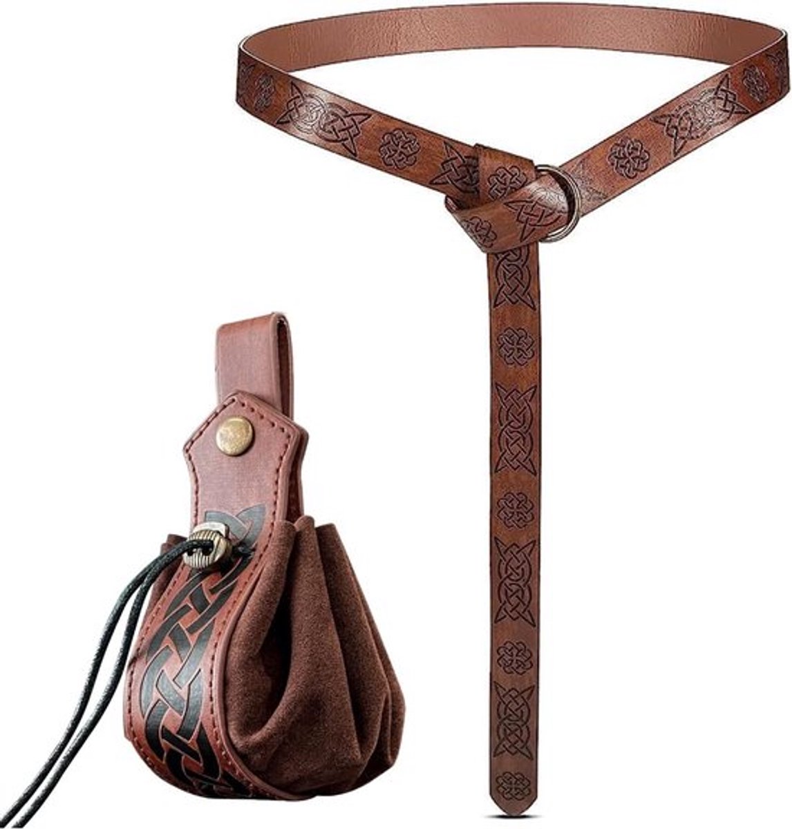 Halloween Necromant Kostuum voor Cosplay, Middeleeuwse Kledingaccessoires met Leren Riem en Viking Tas, Donkerbruin, 165 cm, Perfect voor Feestjes en Theatrale Voorstellingen