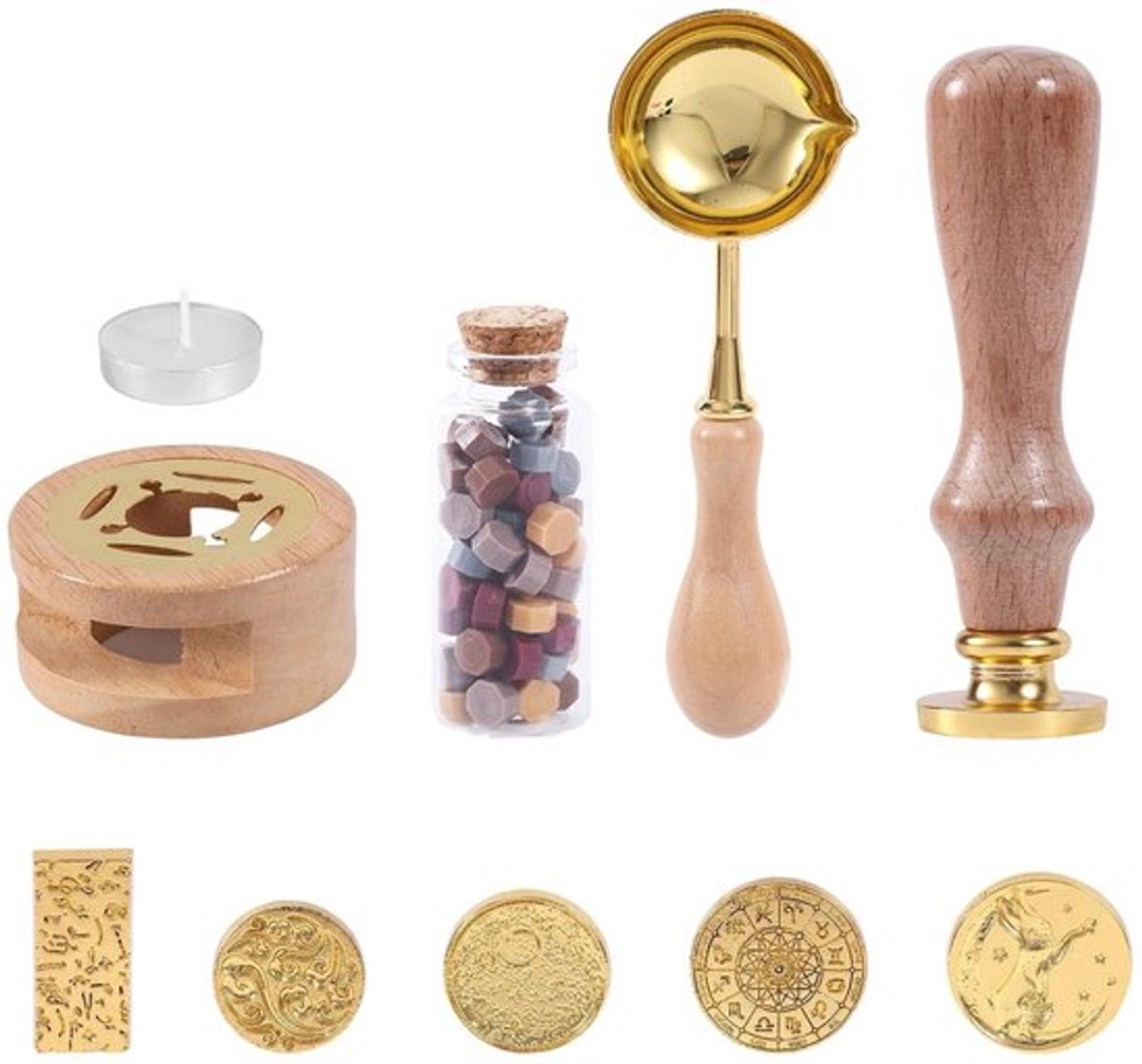 Set van 6 Waskralen met Houten Handvat, Stempelkit in Cadeaubox voor Kaarten, Enveloppen en Trouwinvitaties