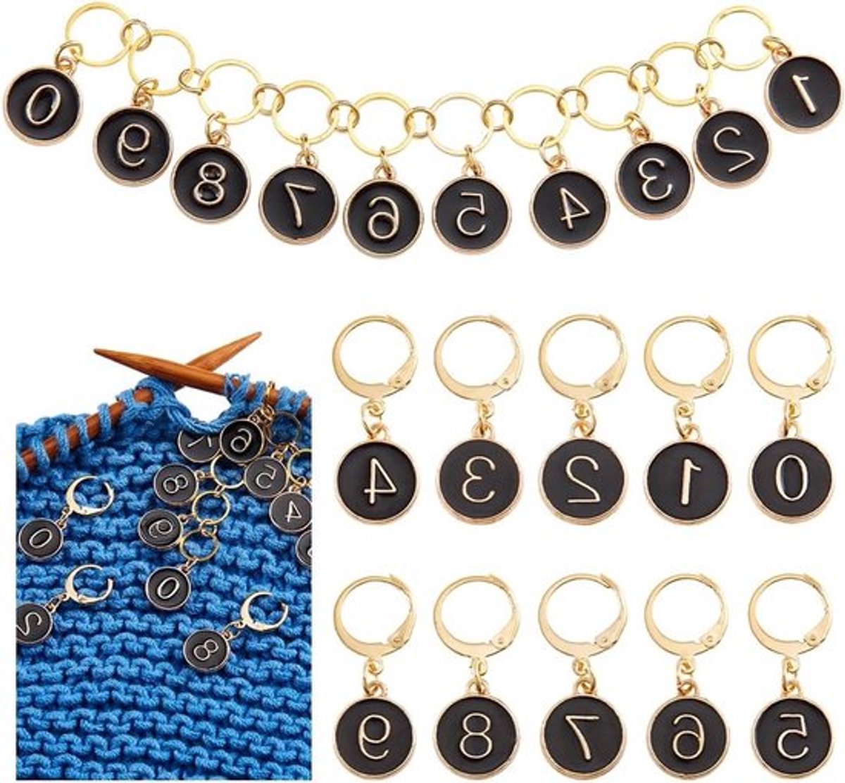 0-9 Nummer Brei Rij Teller Kettingen en 10 Stuks Stekenmarkeerders, Metaal Emaille Stekenmarker voor Breien, Weven en Sieraden Maken, Zwart
