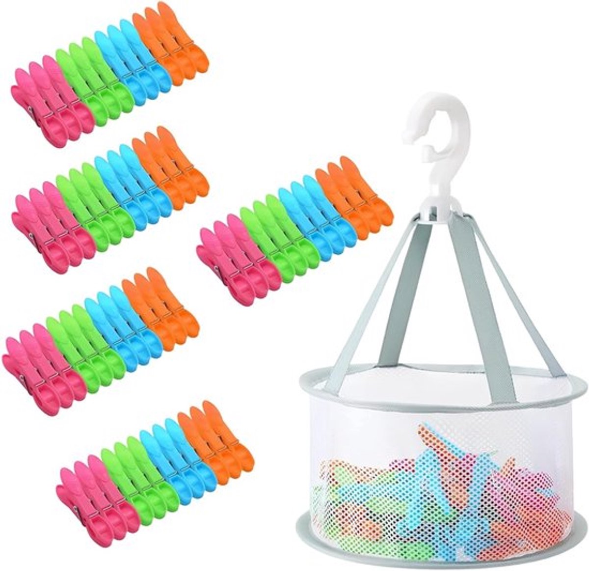 Kleurige en Winddichte Kledingknijpers met Opbergmand, 60 Stuks, Perfect voor Kleding en Sokken, Inclusief Clips en Net