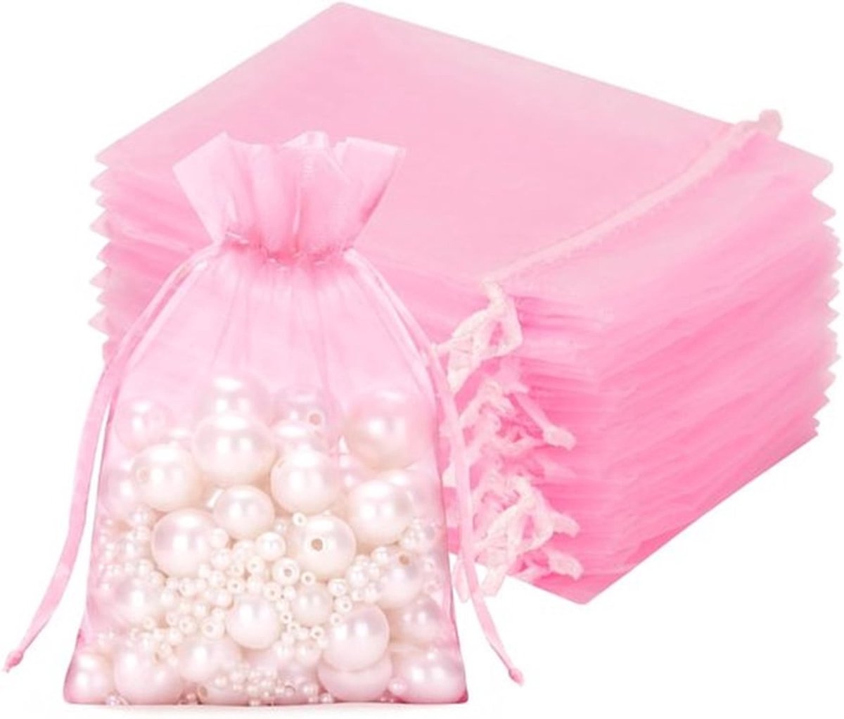 Roze Organza Tassen 10 x 12 cm - Set van 50 Tassen met Trekoord, Perfect voor Trouwen, Sieraden en Cadeaus