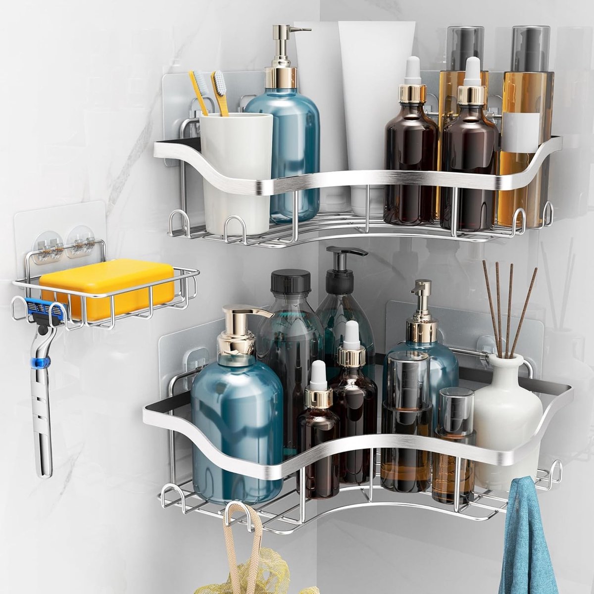 Douchecaddy Hoek met Zeephouder - Splinter - Set van 3 Stuks - Roestvrij Staal - Voor Badkamer en Keuken