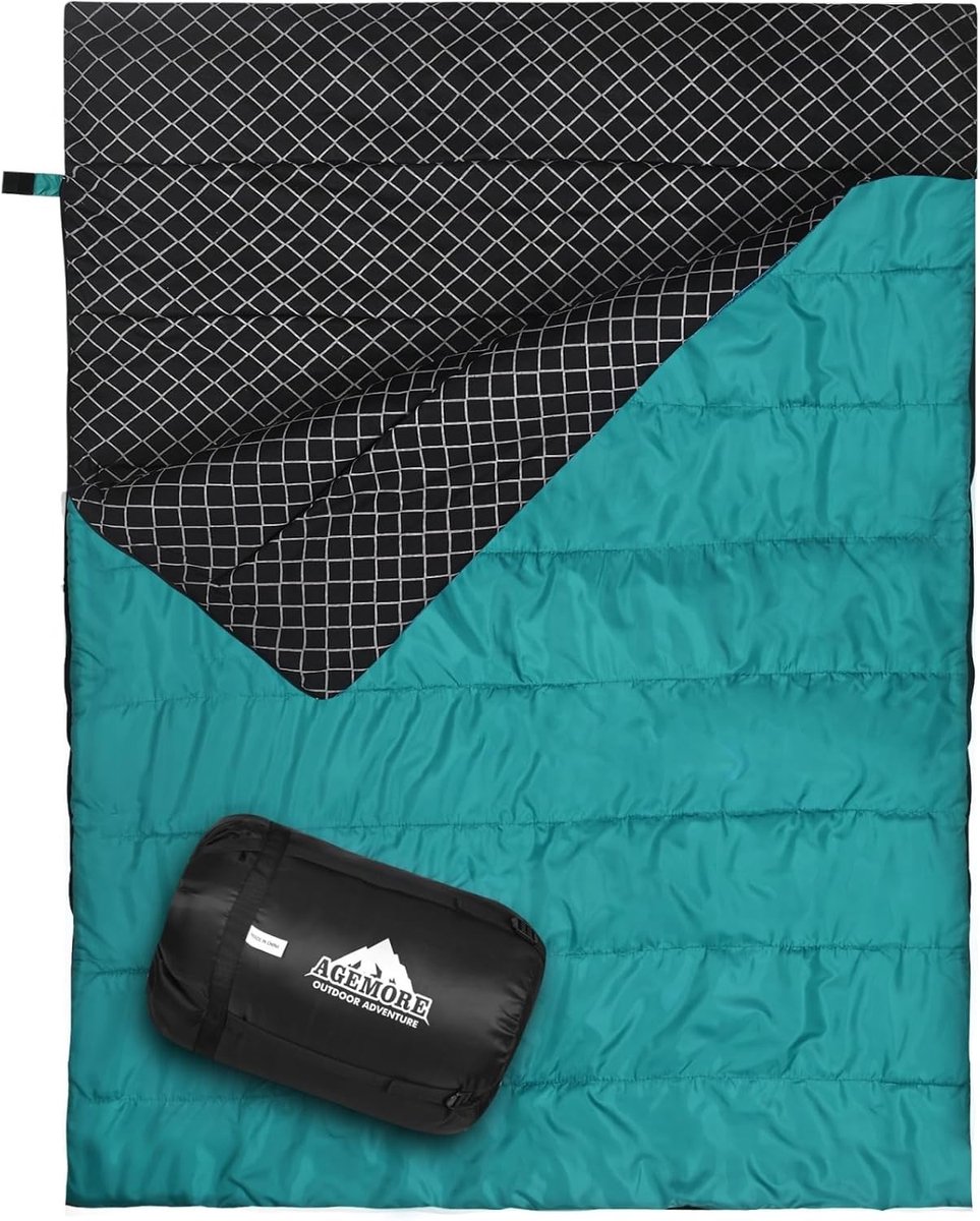 Dubbele Slaapzak - Meerblauw/Zwart - 2XL - Waterdicht Flanel met Compressiezak - Voor Kamperen en Wandelen