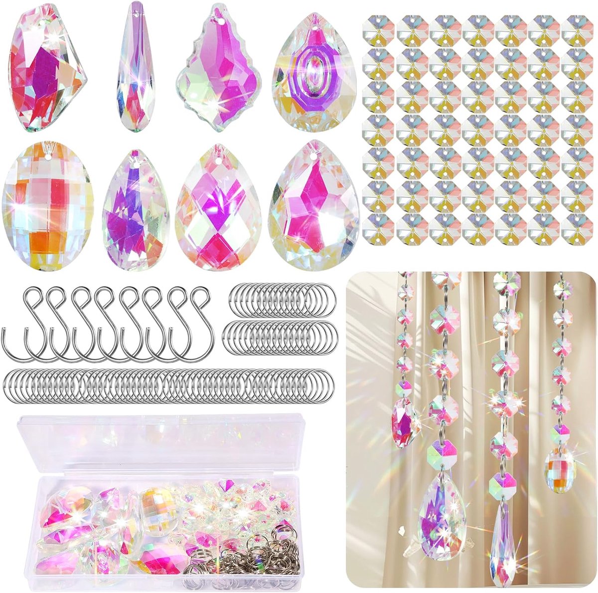 SnelShoppen - Rainbow Prism Zonvanger Set, 166 Stuk DIY Kits voor Crystal Zonvangers, Hangende Kristallen Zonvangers voor Thuis, Raam, Tuin, Feesten,