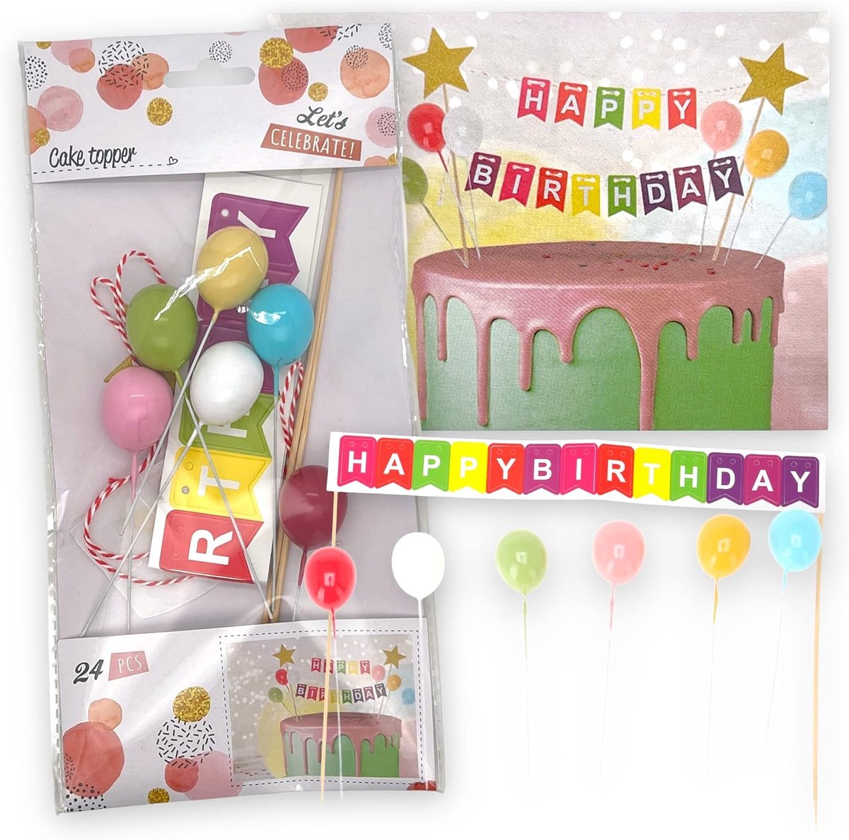 SnelShoppen - Cake Decoratie en Cupcake Decoratie voor Verjaardag - Happy Birthday Taart Topper met 24 Stuks Verjaardagsballonnen voor Feestelijke Gel