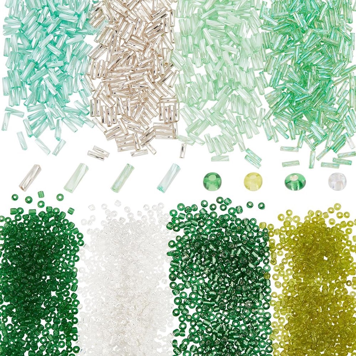 SnelShoppen - 4320 Stukjes Groene Glaszaad Kralen Set, 3120 Stukjes 2mm Kleine Ronde Kralen en 1200 Stukjes 6x2mm Lange Buiskralen voor DIY Armband en