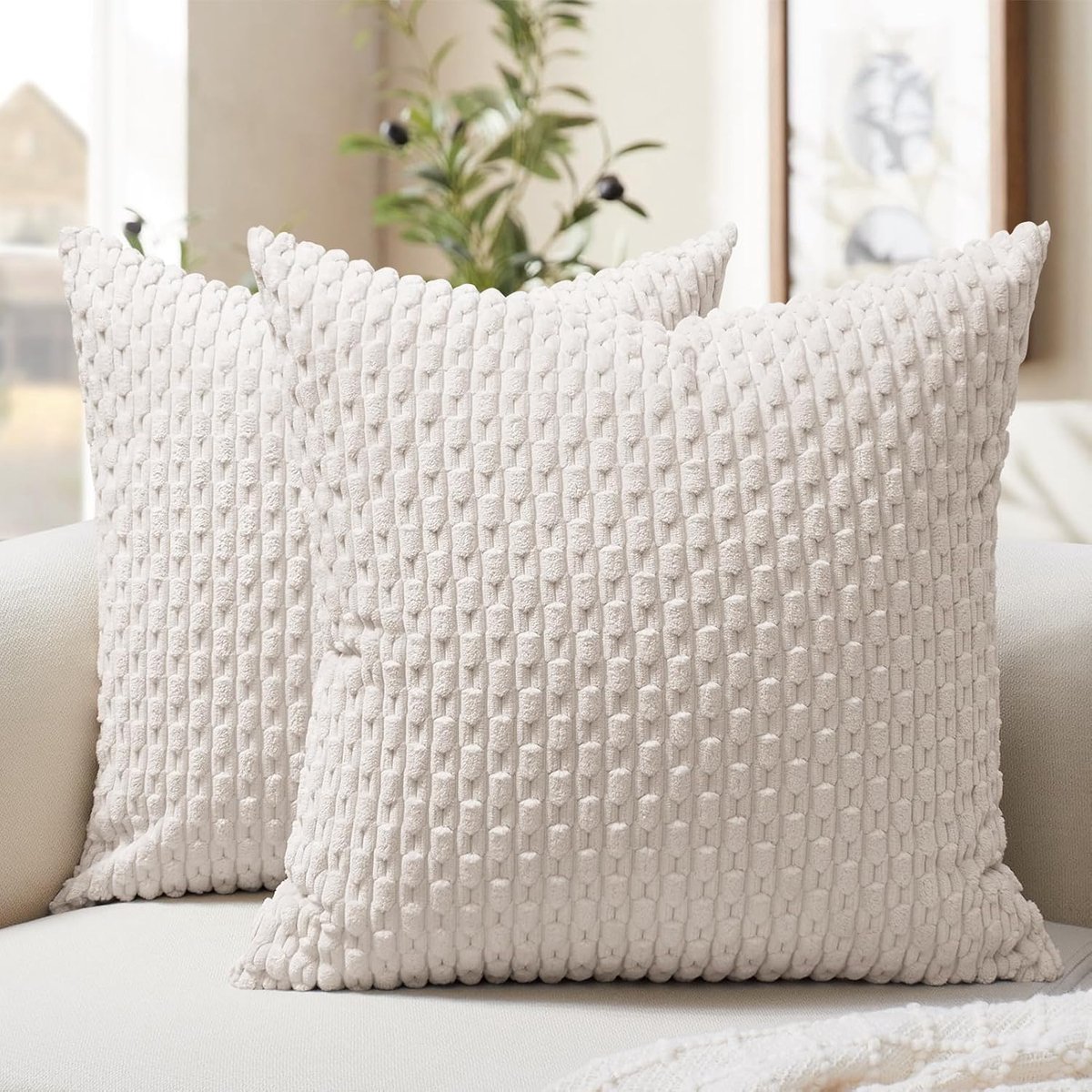 SnelShoppen - Set van 2 Sofakussens 30 x 30 cm Boho Beige, Corduroy Kussenslopen voor Woonkamer, Slaapkamer, Kinderkamer, Winter, Gezelligheid
