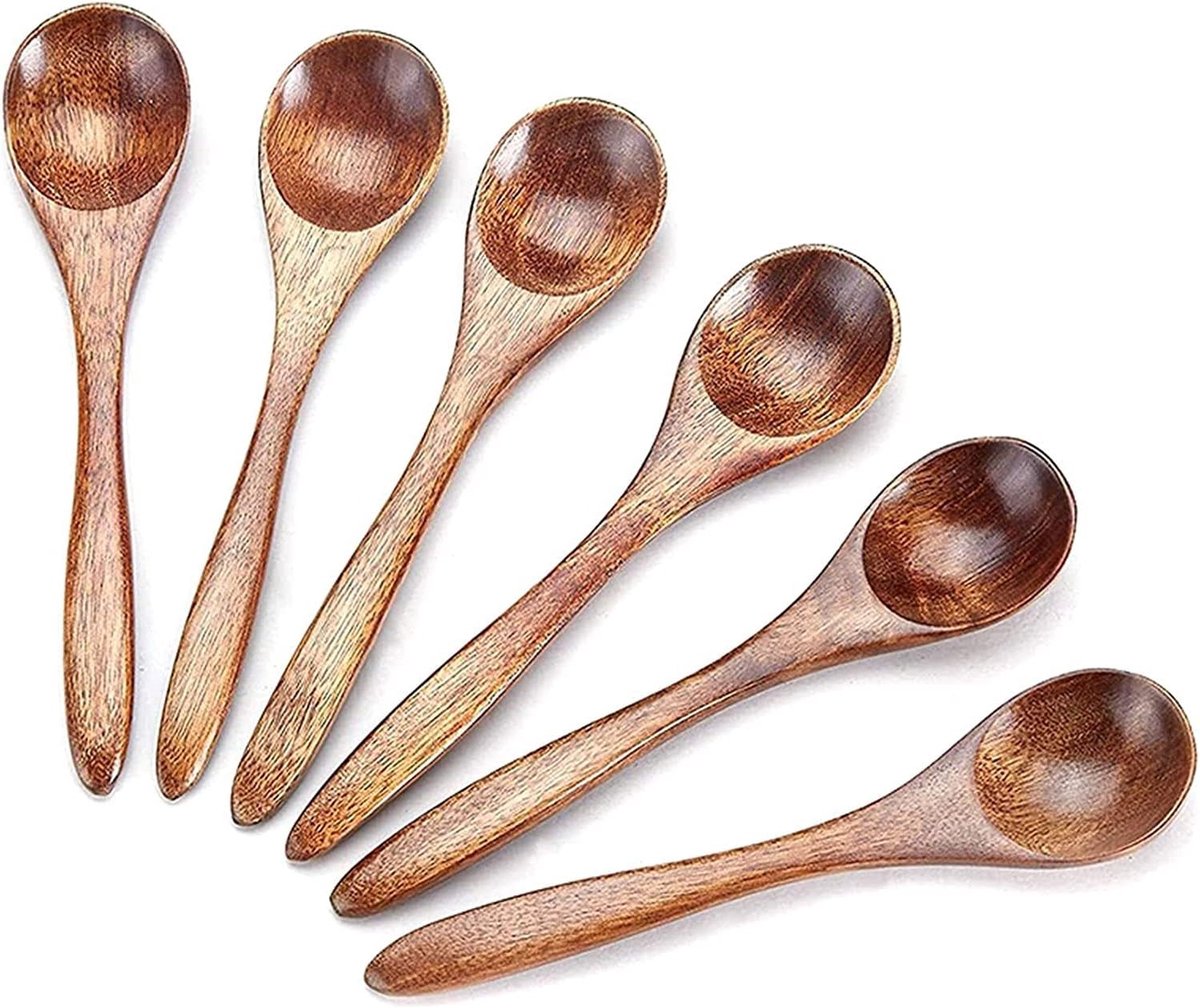 SnelShoppen - Houten Lepels Set van 6 Stuks, Natuurlijke Houten Lepels voor Koffie, Thee, Honing, Voeding, Mixen, Roeren, Koken, 14x3 cm