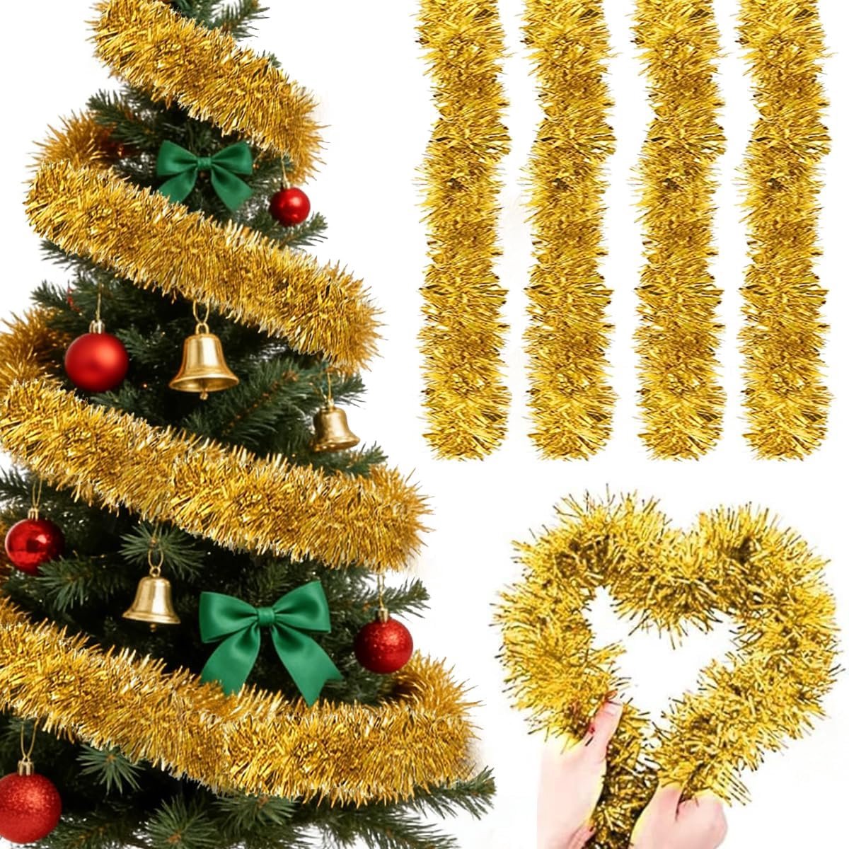 SnelShoppen - Lametta Garlands Set van 4, 8 m totaal, Extra Fluffy en 9 cm Breed, Shiny Lametta Garlands voor Feestelijke Decoratie, Kerstboom Garland
