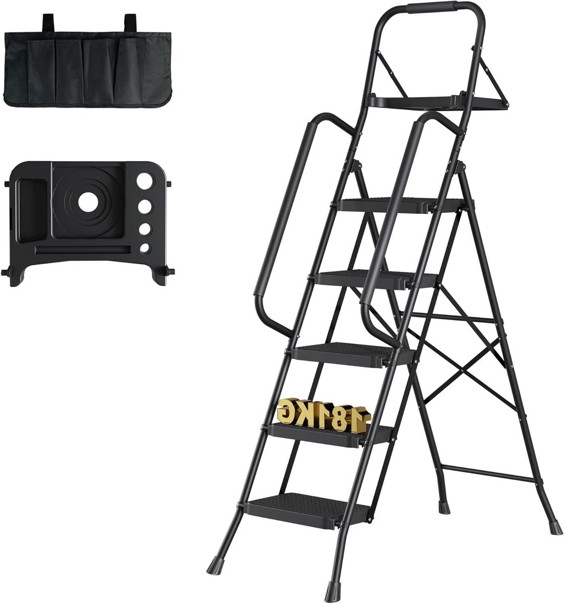 Opvouwbare Ladder - Huishoudtrap Werkstoel - Klus Klussen Thuis - Met Gereedschapsbak - 5 Treden - Zwart