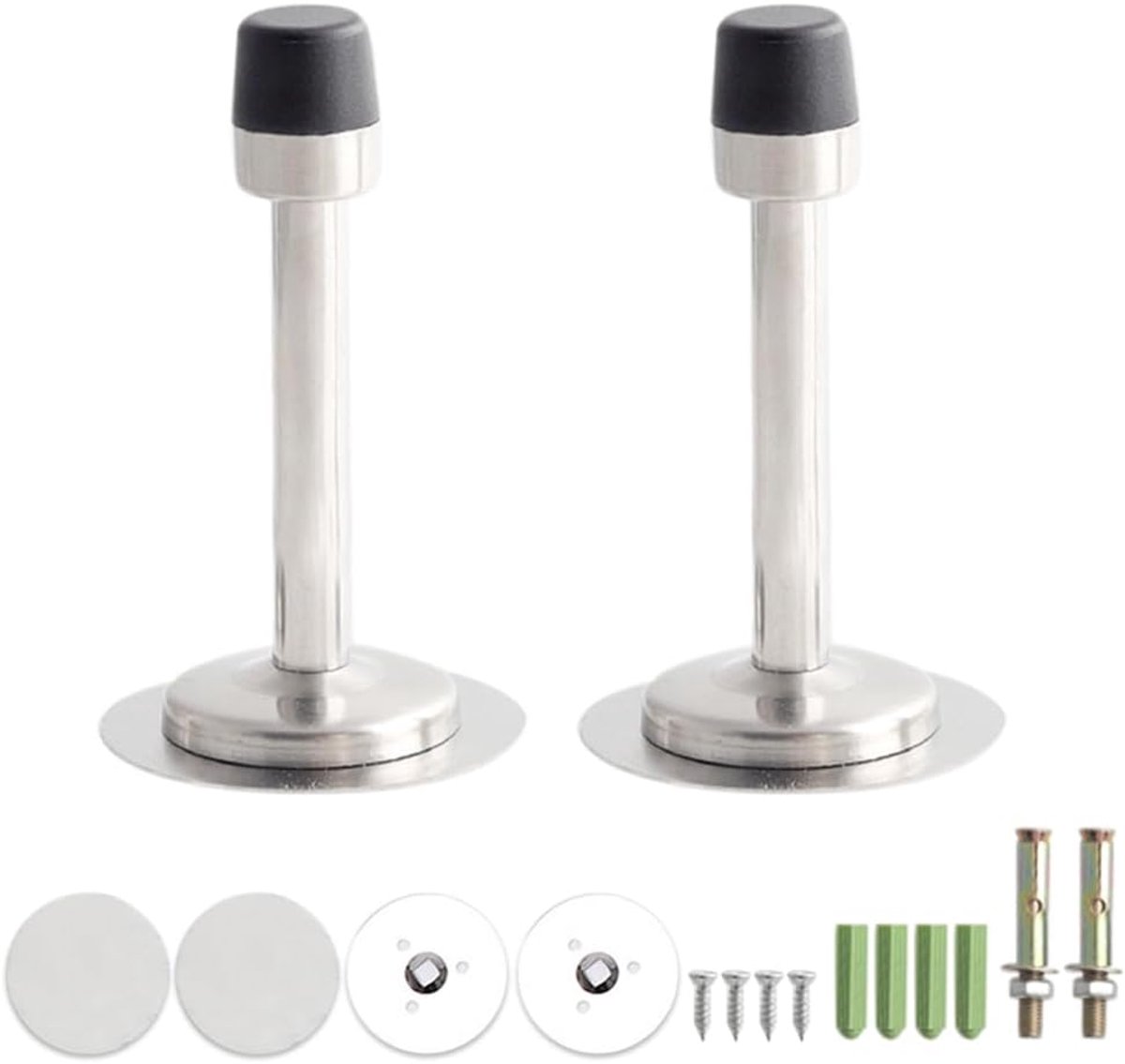 SnelShoppen - 2Pcs Deurstoppers Wandmontage Hoogwaardige RVS Deurstopper Rubber Buffer 95mm Zilver Duurzaam en Sterk