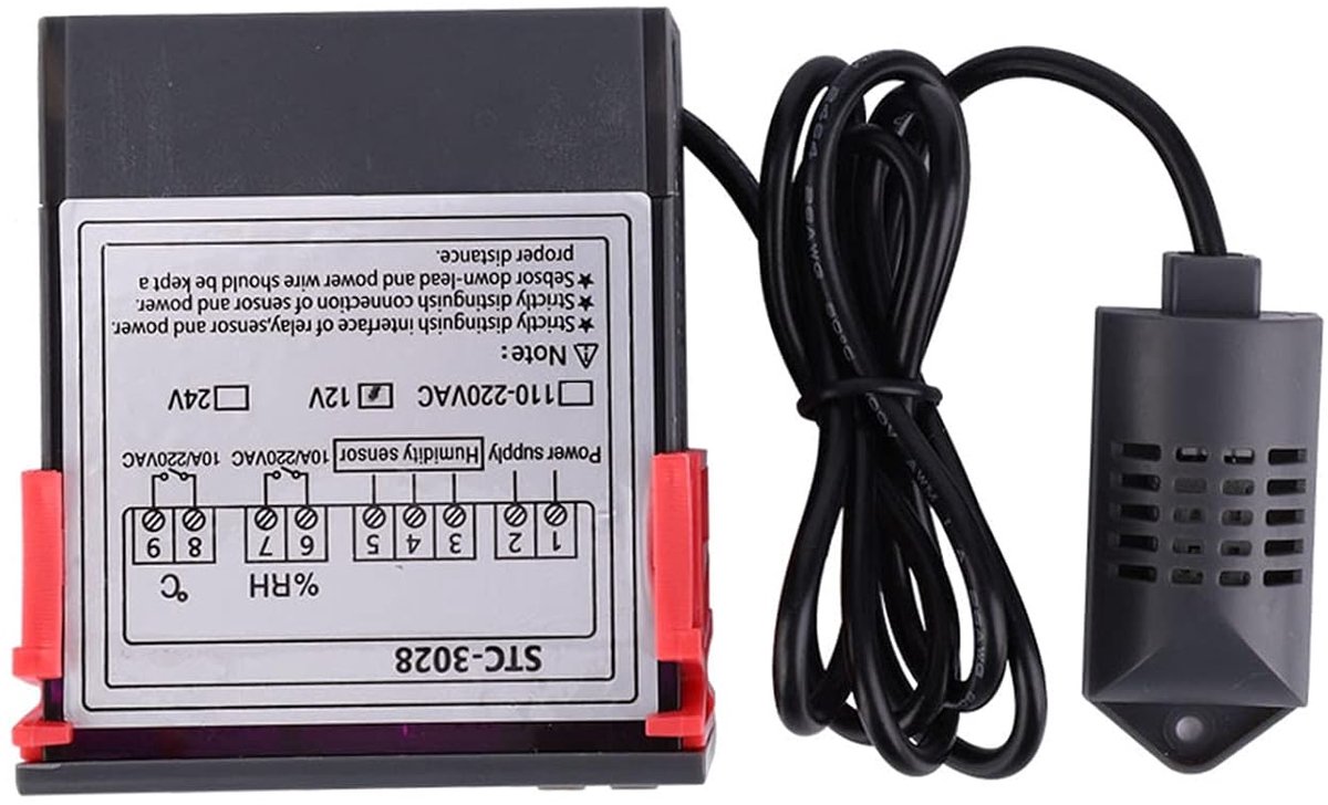 SnelShoppen - Microcomputer Temperatuurcontrole, Digitale Thermostaat met Dubbele Weergave en Vochtigheidsmeter voor Koelers, ABS Vlamvertragend, 12V